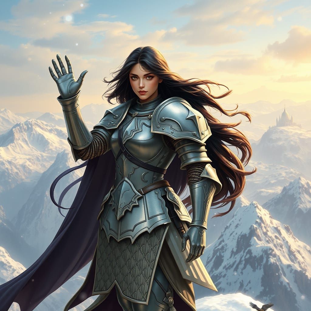 Female Knight on Snowy Peak in Heroic Fantasy Style