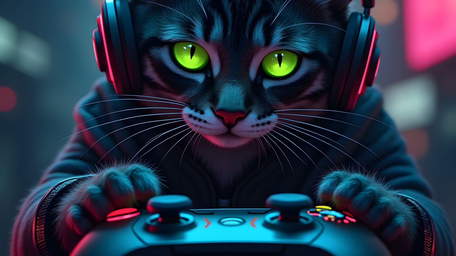Cat Gamer Immersed in Video Game Art