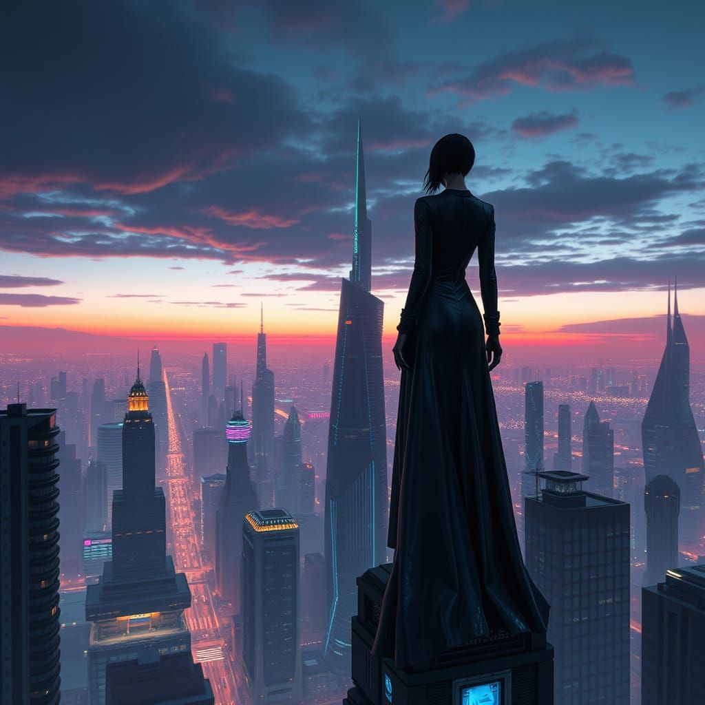 Futuristic Cyberpunk Cityscape with Lone Woman at Dusk
