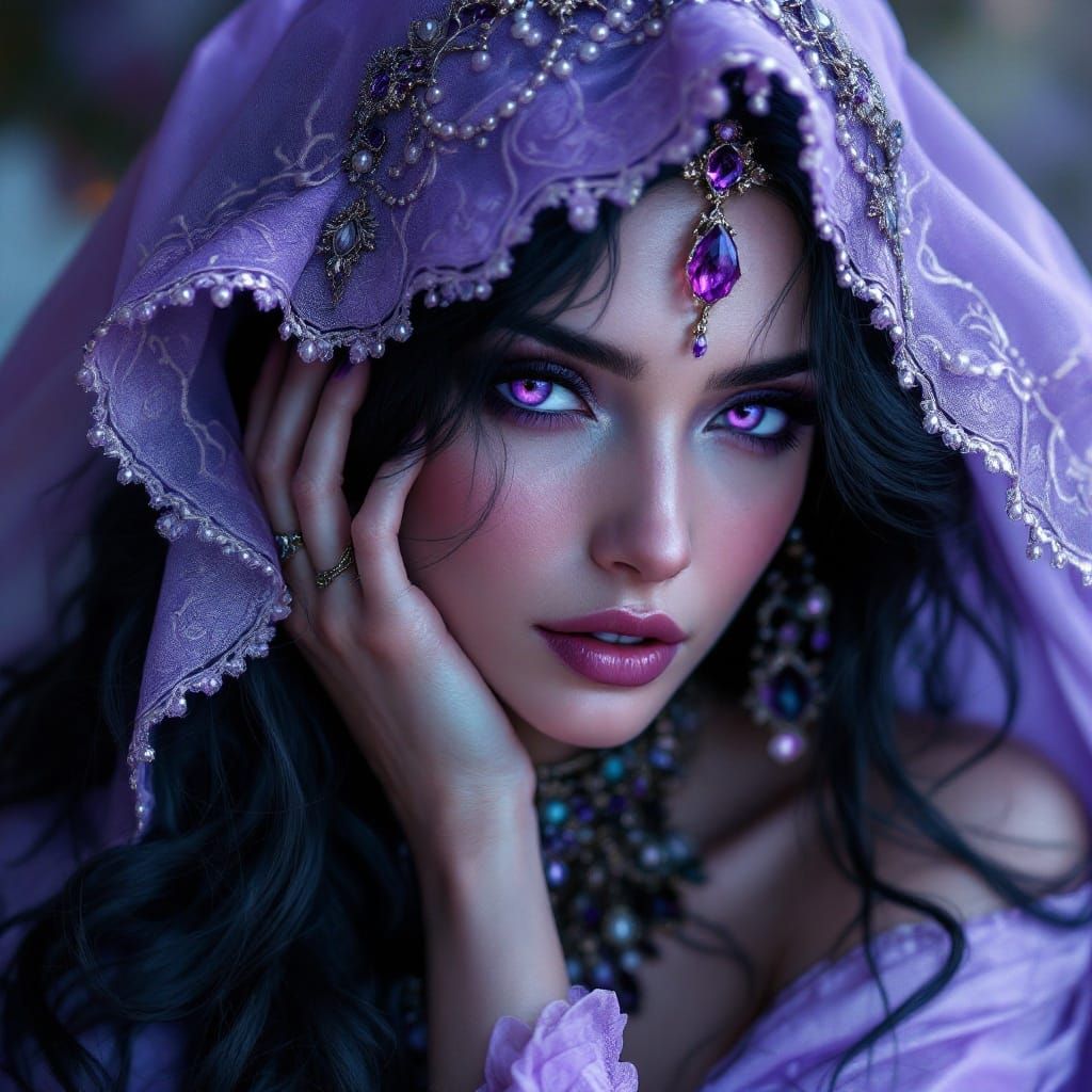 Regal Fantasy Figure in Lavender Veil and Amethyst Jewelry