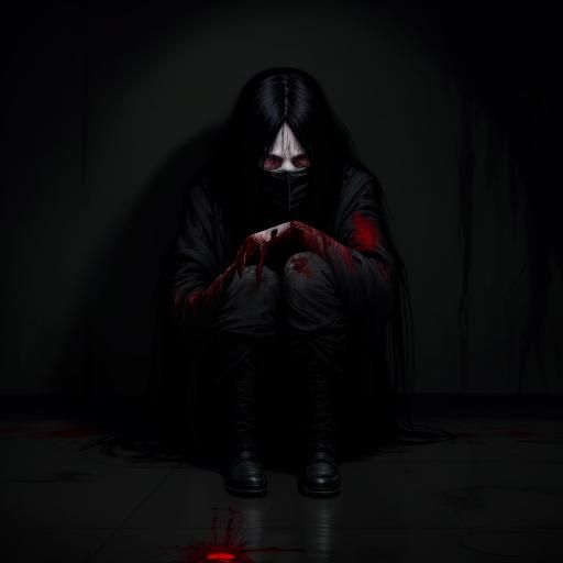 Distressed Woman in Dark Room with Blood Graffiti