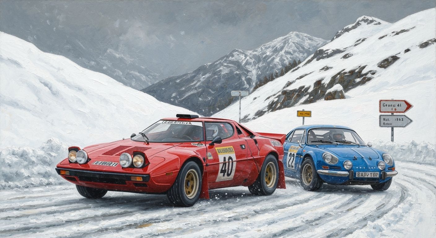 Lancia Stratos Leads Alpine A110 in Snowy Rally Painting