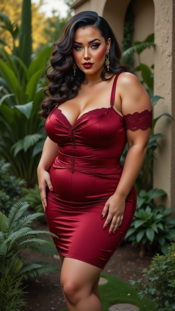 Elegant Plus-Size Woman in Crimson Dress: Luxury Garden Shoo...