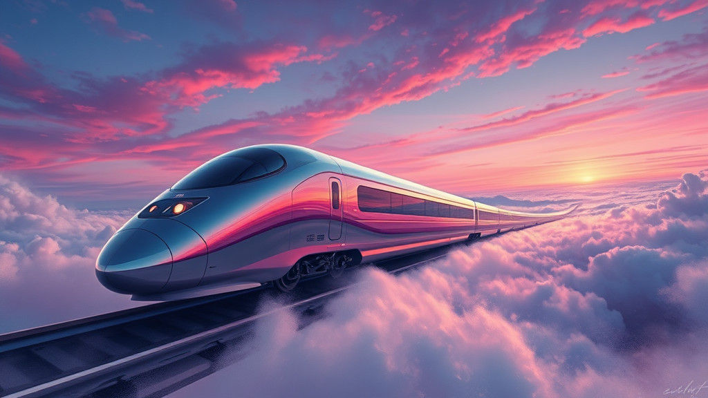 Supersonic Train Through Dreamlike Landscape in Surrealist S...