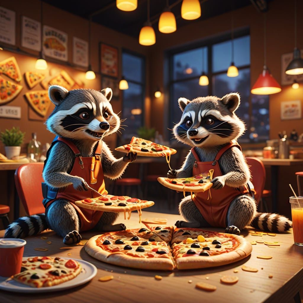 Raccoons Eating Pizza: Cartoonish 3D Concept Art