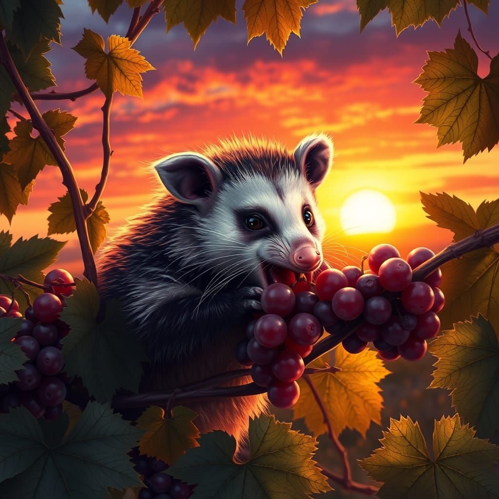 Hyperrealistic Opossum Savoring Grapes at Sunset