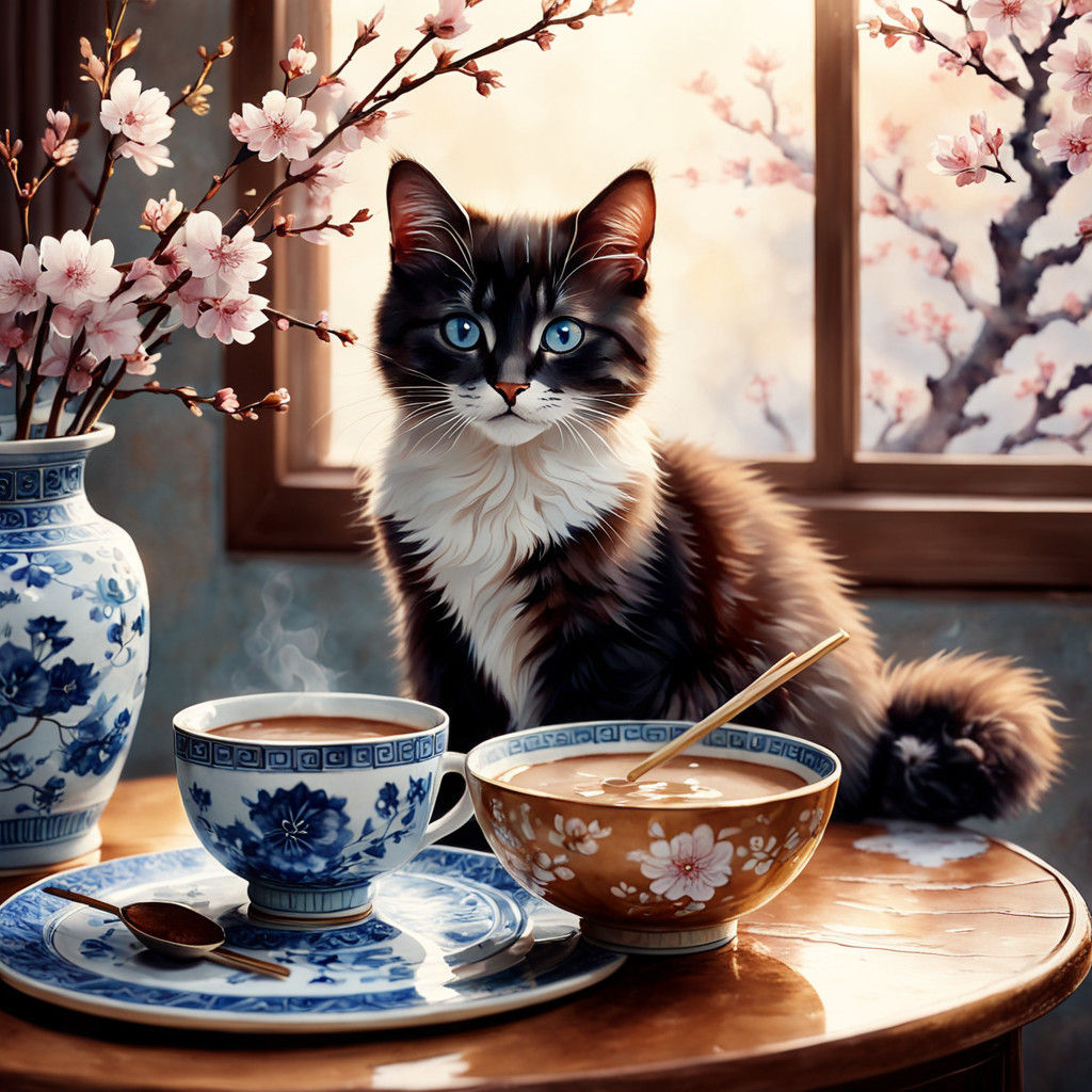 Whimsical Chinese Scene: Kitten and Cocoa in Golden Hour