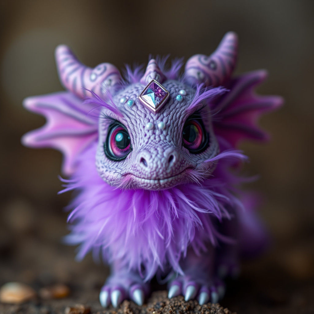 Adorable Fluffy Purple Baby Dragon with Soulful Eyes