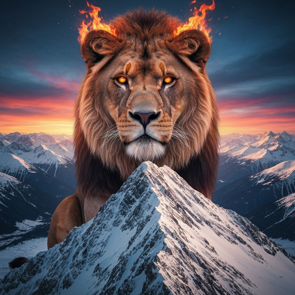 Flaming Lion King on Snowy Peak at Sunset
