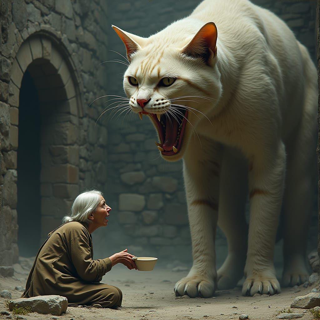 Gigantic Cat About to Devour Old Woman