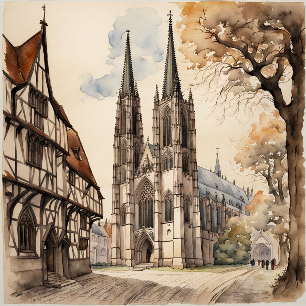 Gothic Church in German City, Inspired by Watercolour Master...