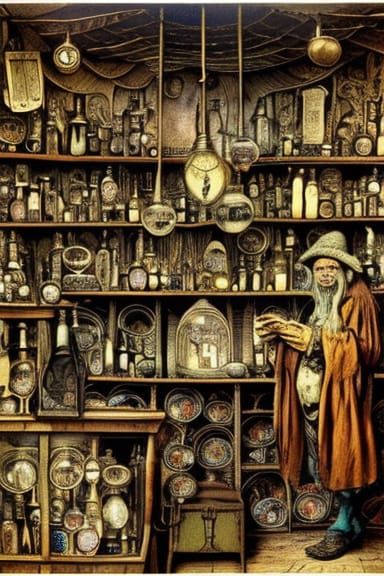 Wizard in Curiosity Shop: Steampunk Book Illustration