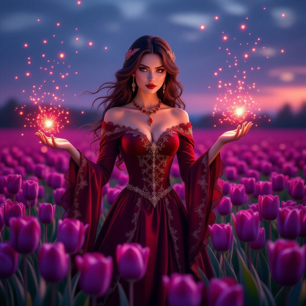 Medieval Enchantress in Purple Tulip Field with Magic Lights