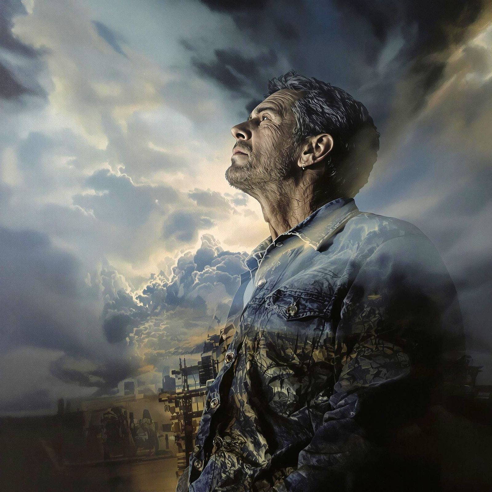 Double Exposure Oil Painting: Weathered Man and Stormy Visio...