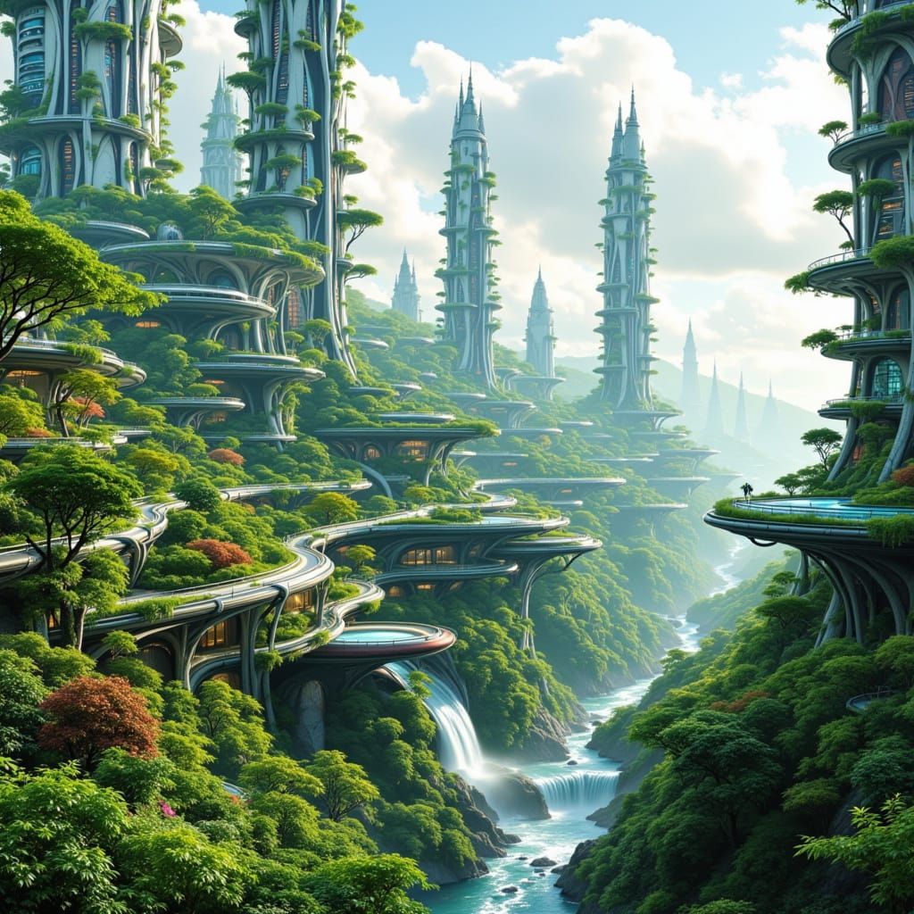 Futuristic Cityscape Merges Nature and Cybernetics
