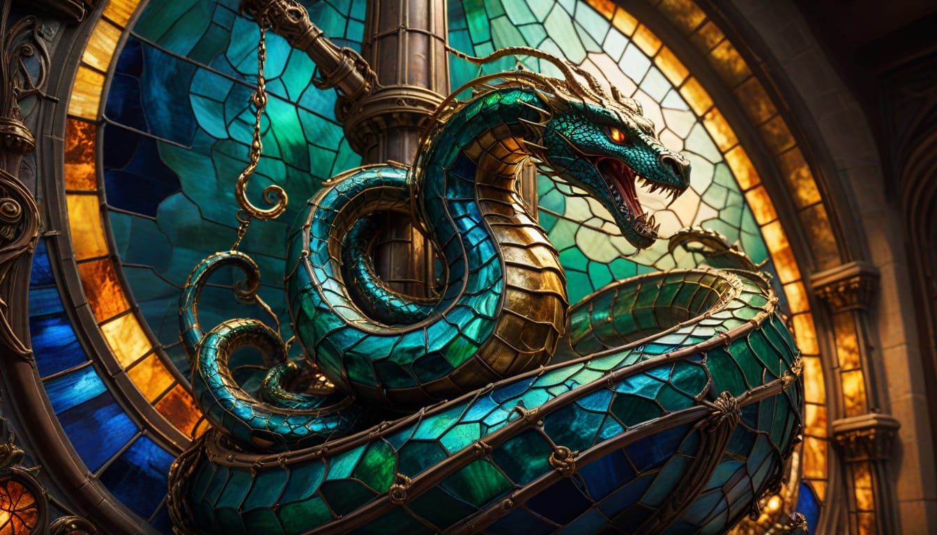 Gothic Stained Glass Masterpiece: Serpent Devours Ship