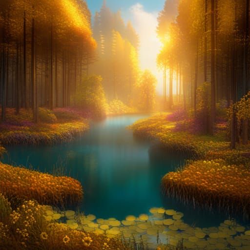 Colorful Gothic Meadow with Turquoise River in Sunlight