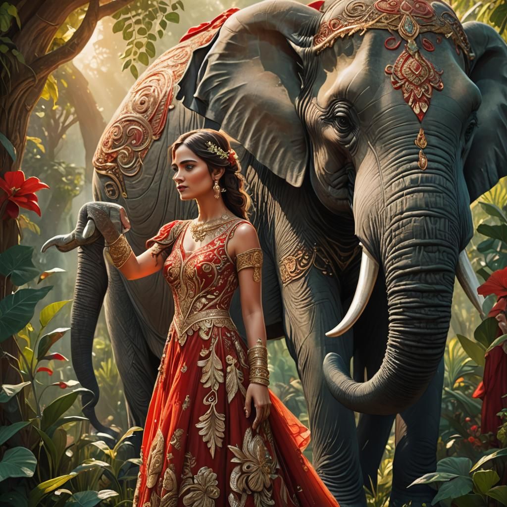 Bride and Elephant in Art Nouveau Style