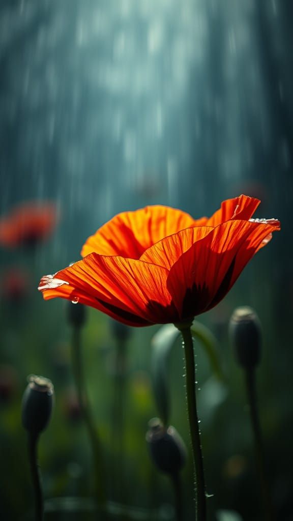 Dramatic Red Poppy in Misty Field