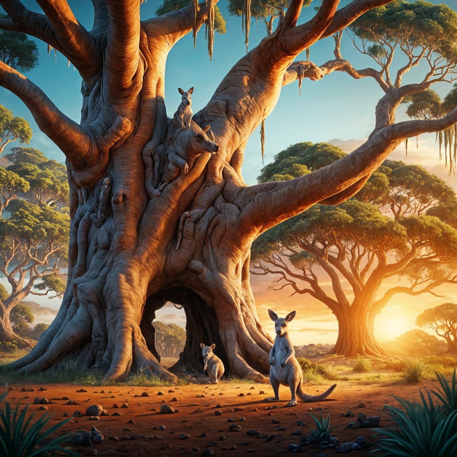 Kangaroo Family Dinner in an Enchanted Tree