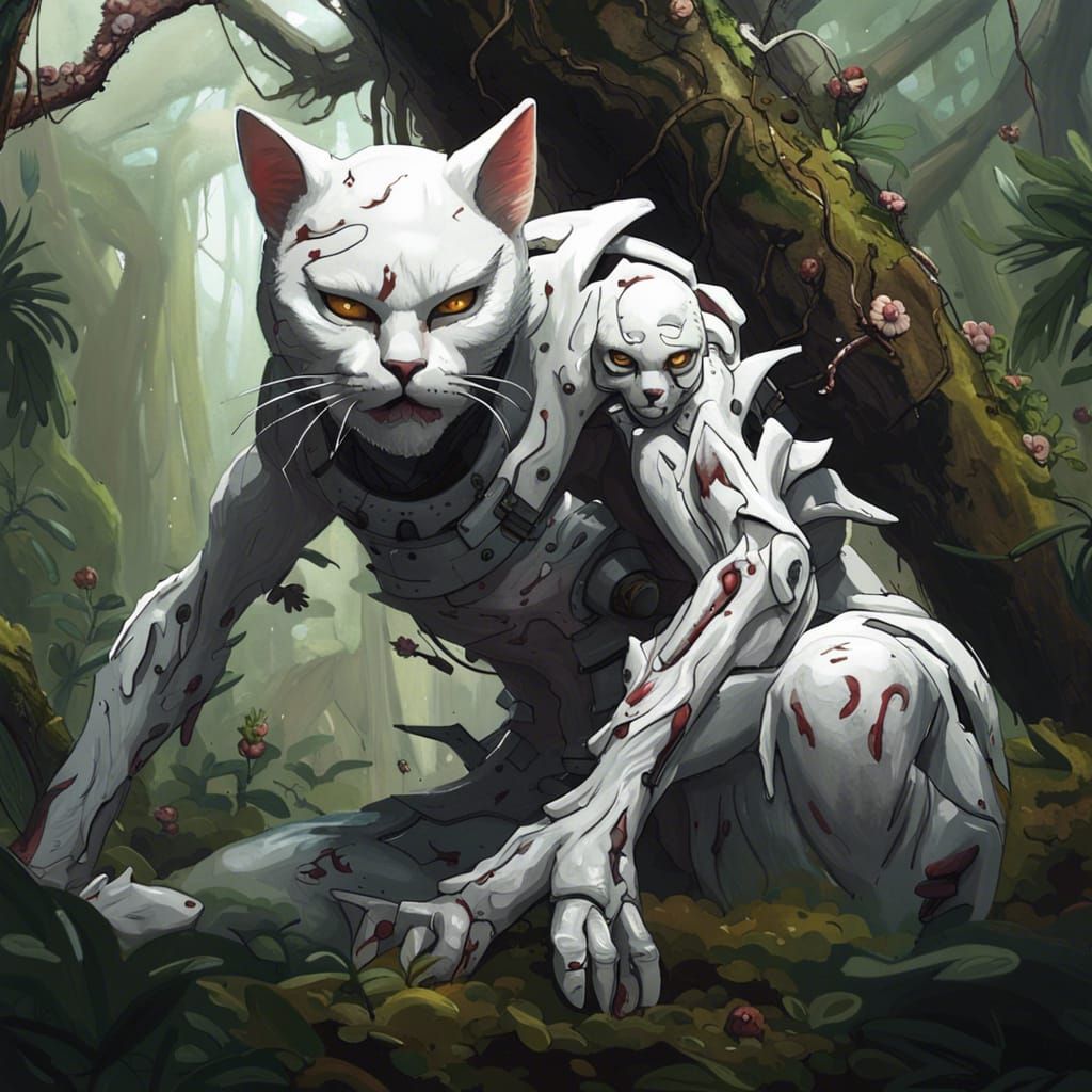 Grotesque Mutant Cat Creature in Jungle, Hyperrealistic Art