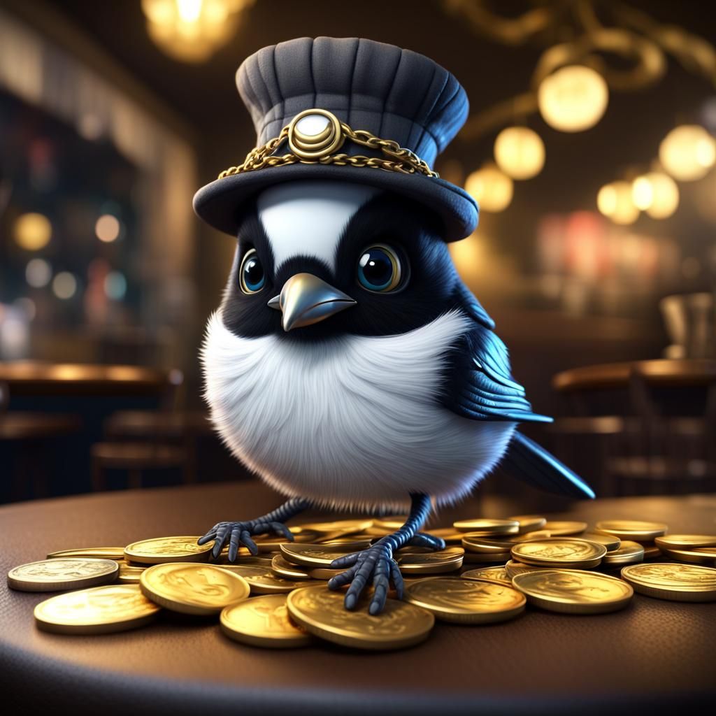 Cute Magpie Wins Gold Coins: Graffiti Art Style