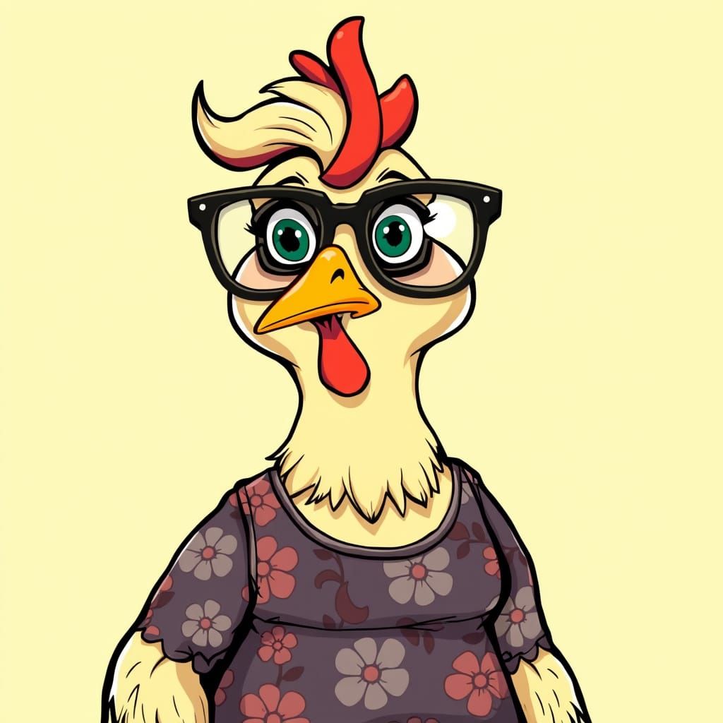 Granny Chicken in Floral Dress, 2D Cartoon Art