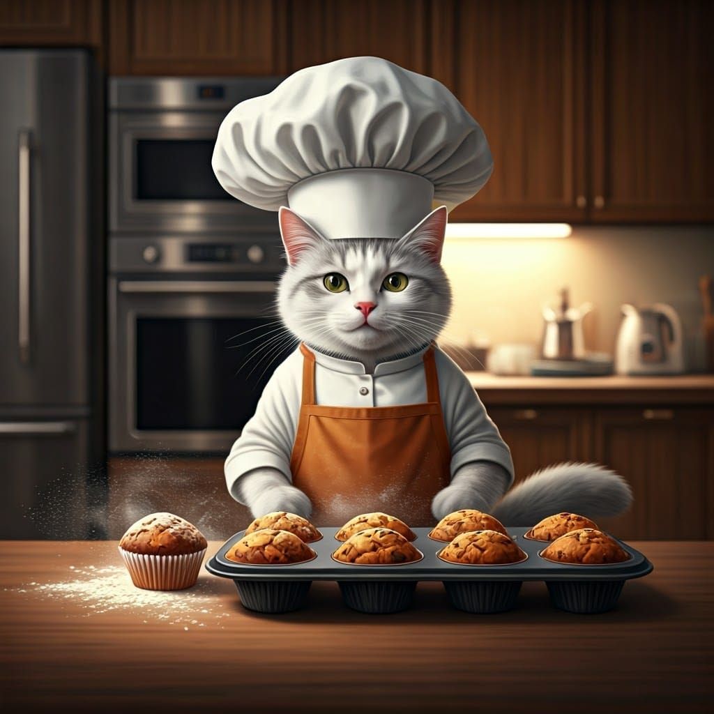 Whimsical White Cat Chef in Modern Kitchen