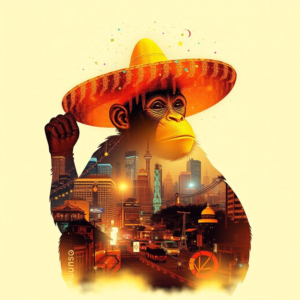 Monkey Fiesta Cityscape in Klimt Anime Style