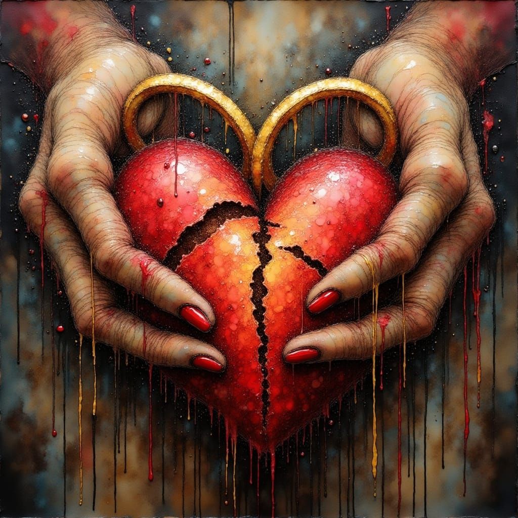 Heart in Golden Rings: Surreal Impasto Oil Painting