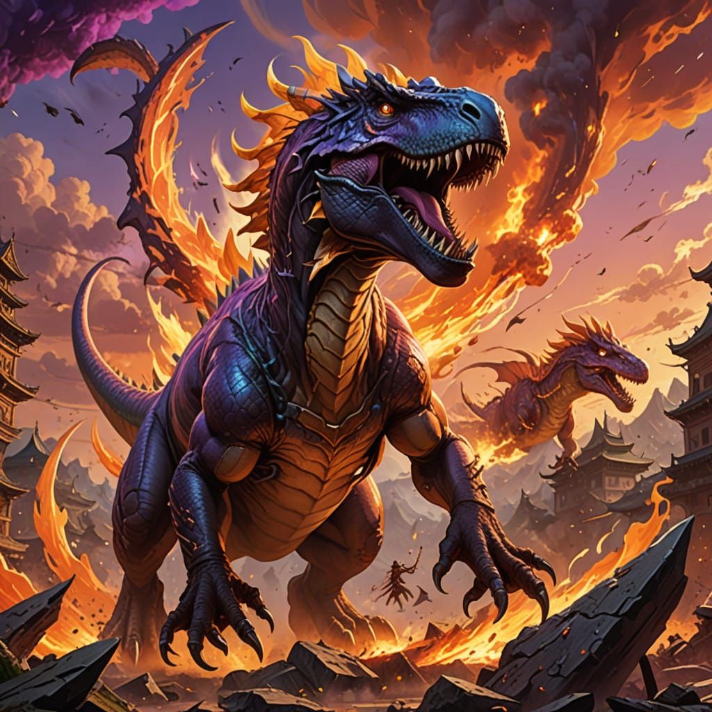 Manga-Inspired T-Rex and Dragon Clash in Fiery Skies