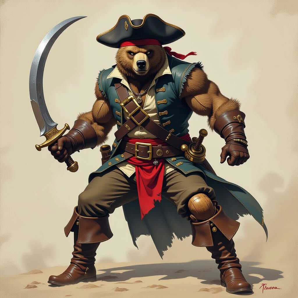 Gritty Bear Pirate Wielding Scimitar in Fantasy Art Style