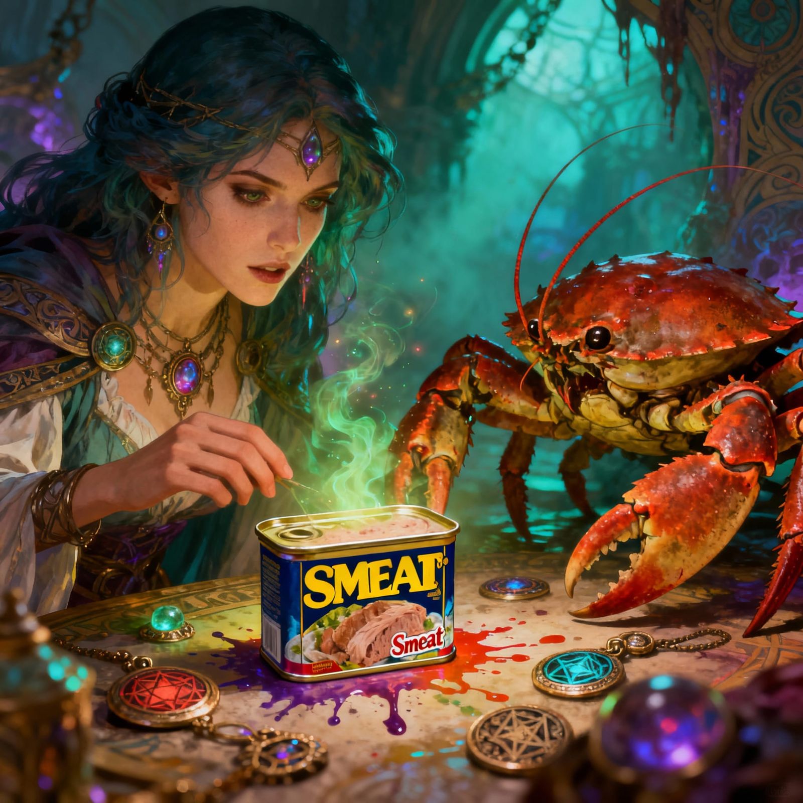 Fantasy Sorceress and Crab Familiar Discover Smeat