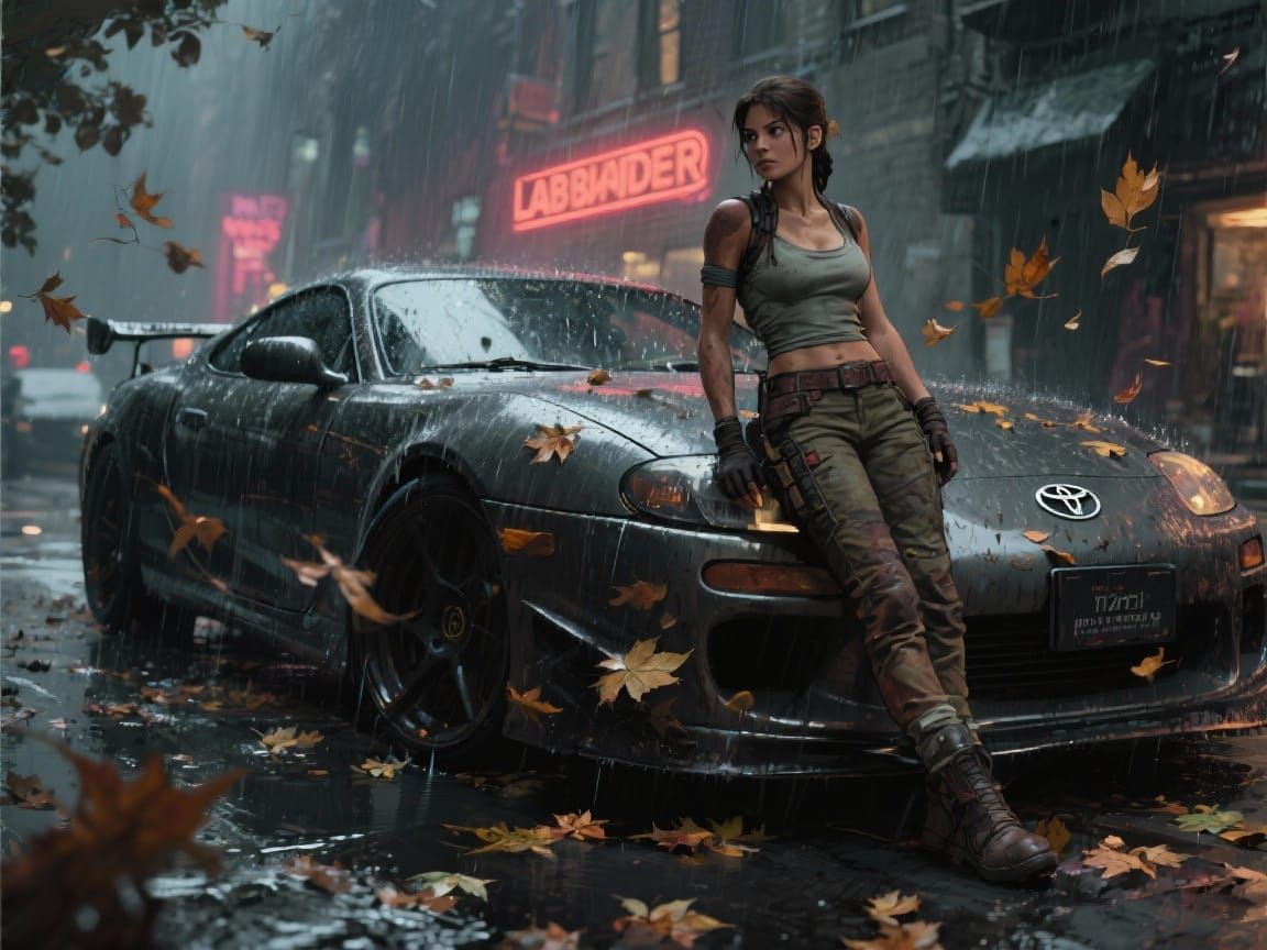 Lara Croft and Toyota Supra in Gotham