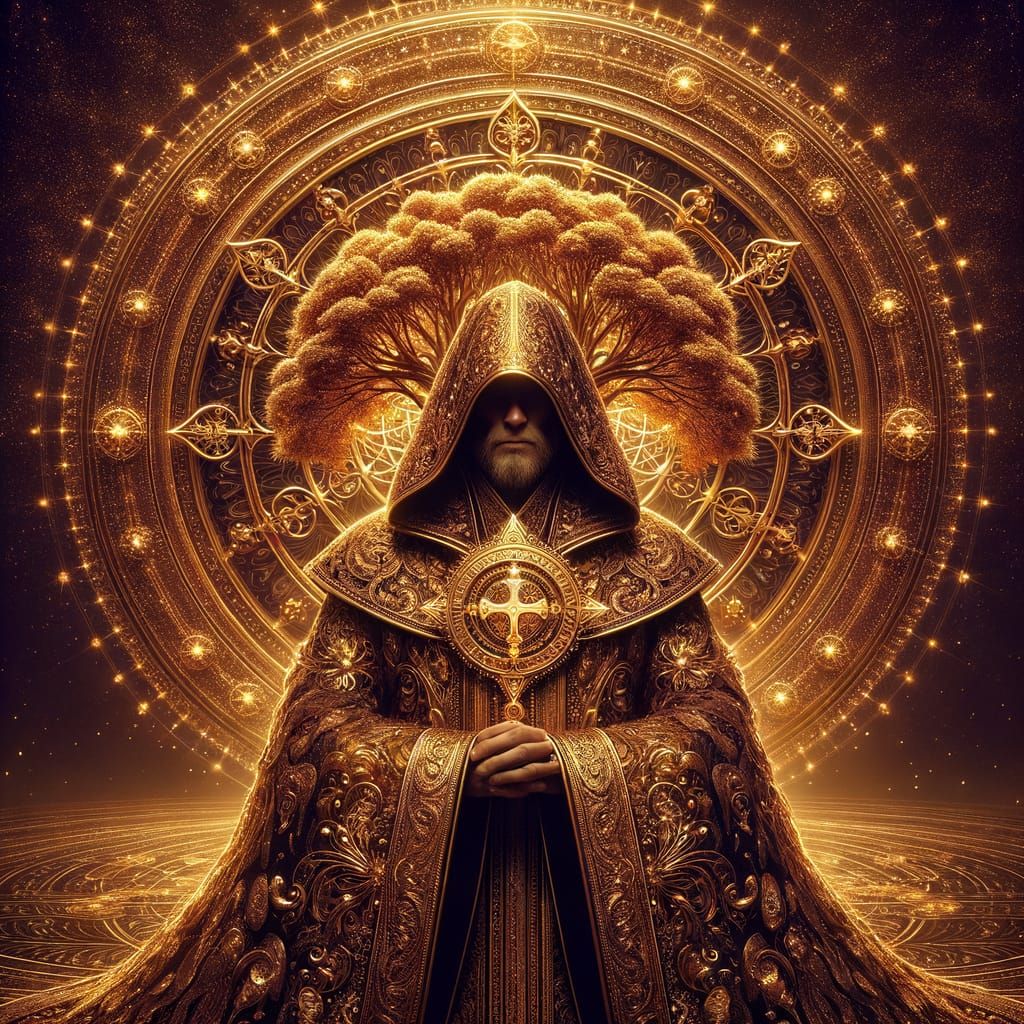 Ethereal Figure in Golden Robes with Glowing Cross