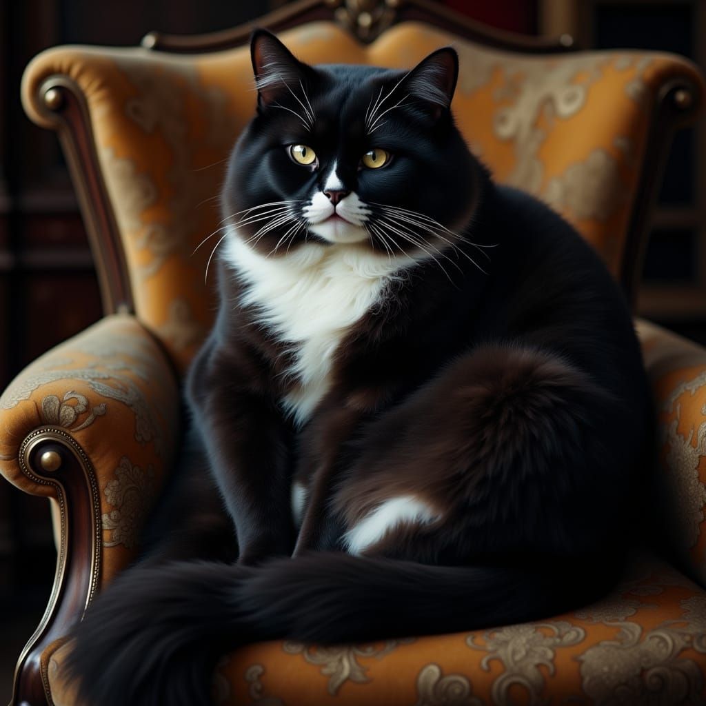 <lora:Liquid Ink Flux:1.0>  a big chubby tuxedo cat sitting in a luxury chair