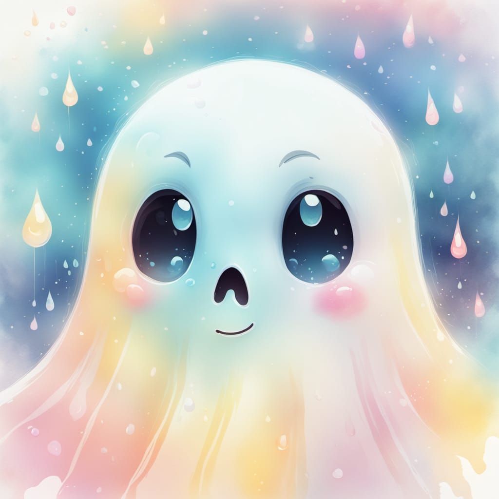 Ghost Emoji Character in Pastel Watercolor Style