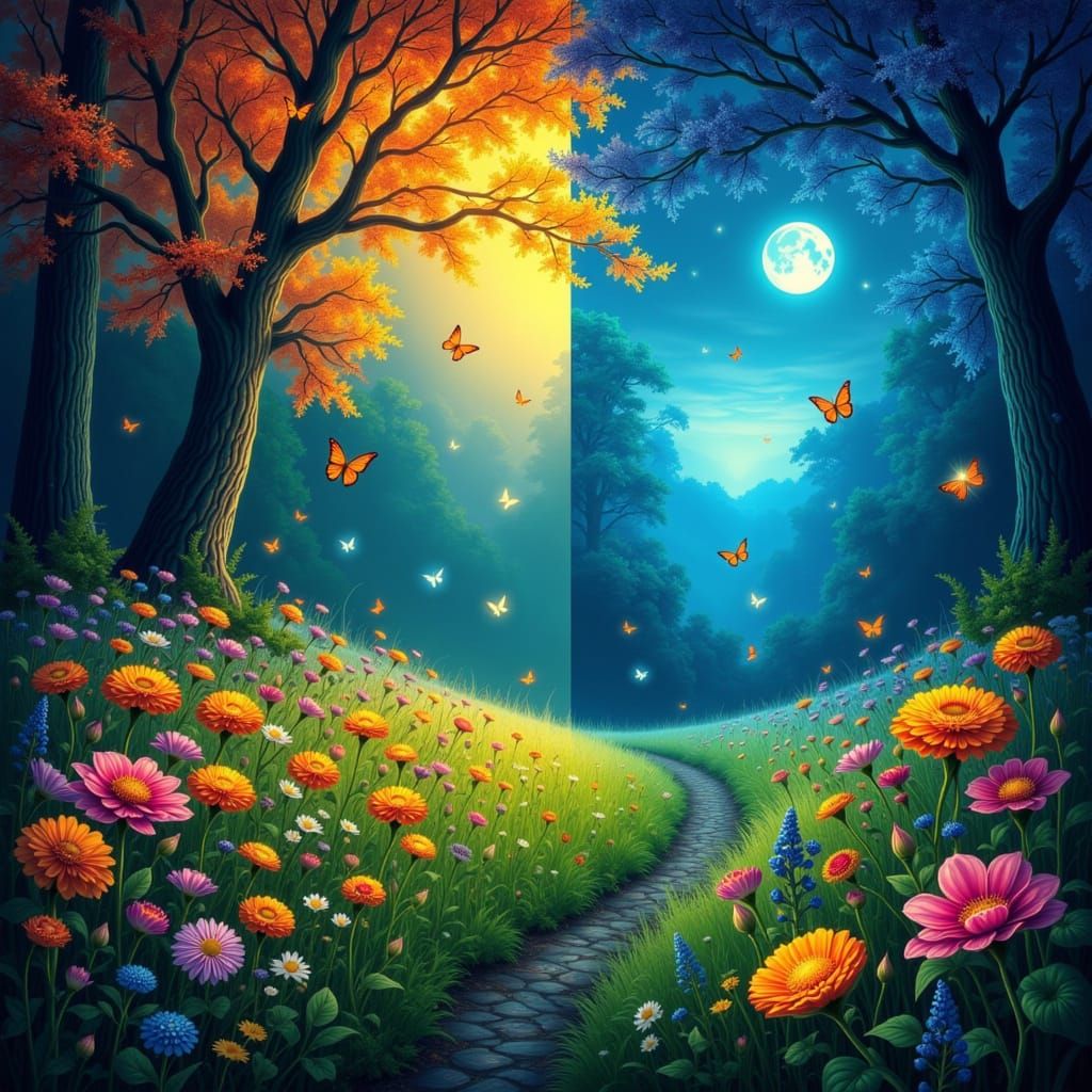 Daylight Meets Moonlight: A Split Landscape Painting