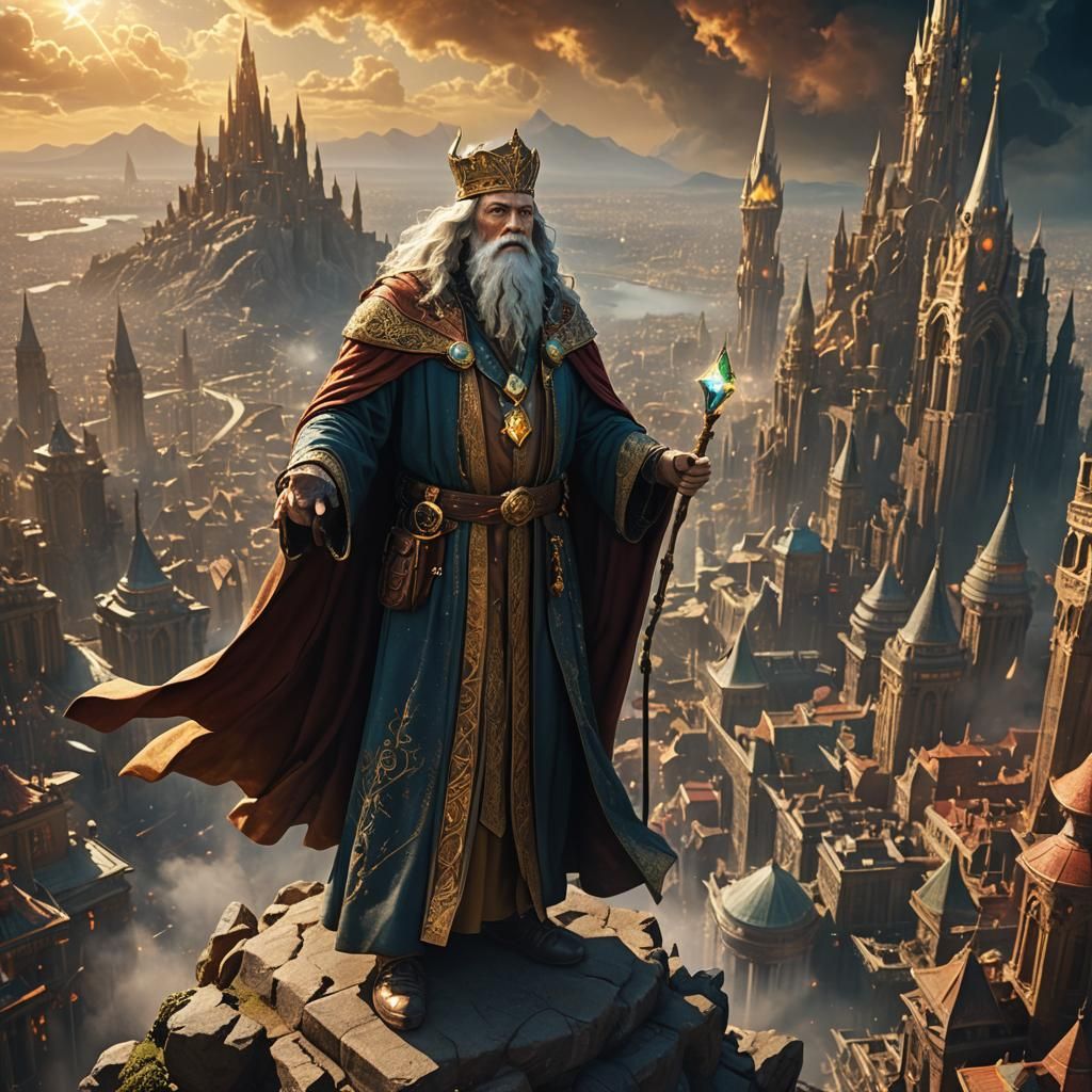 Colossal Wizard Over Metropolis in Golden Light