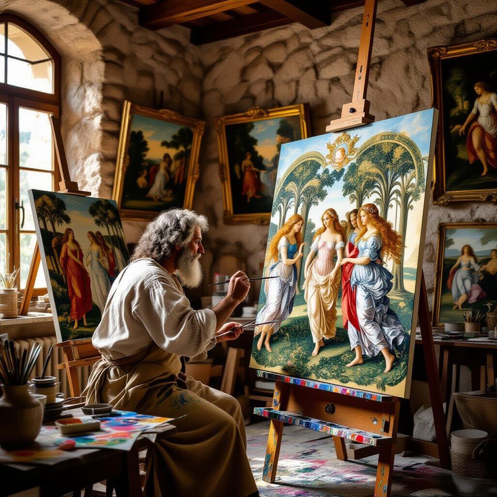 Botticelli Paints Primavera in Renaissance Studio