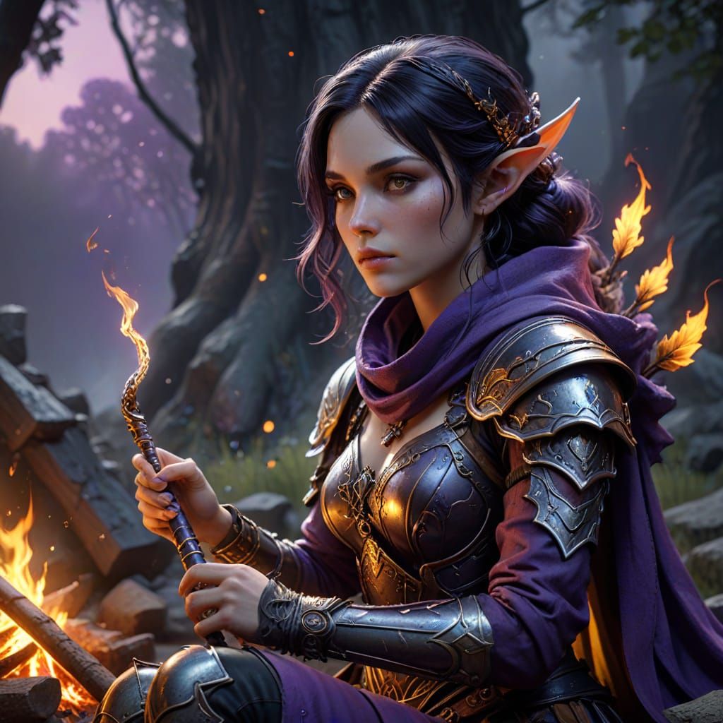 Half-Elf with Flute by Campfire, Dark Fantasy Art