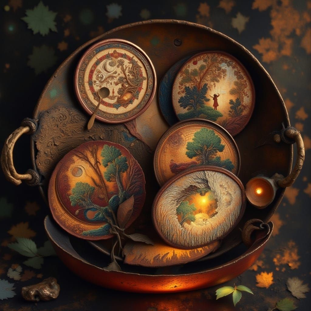 Ancient Copper Vessel with Miniature Surrealist Paintings