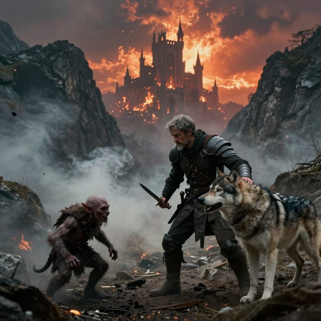 Rogue and Wolf Battle Goblins in Mountain Pass