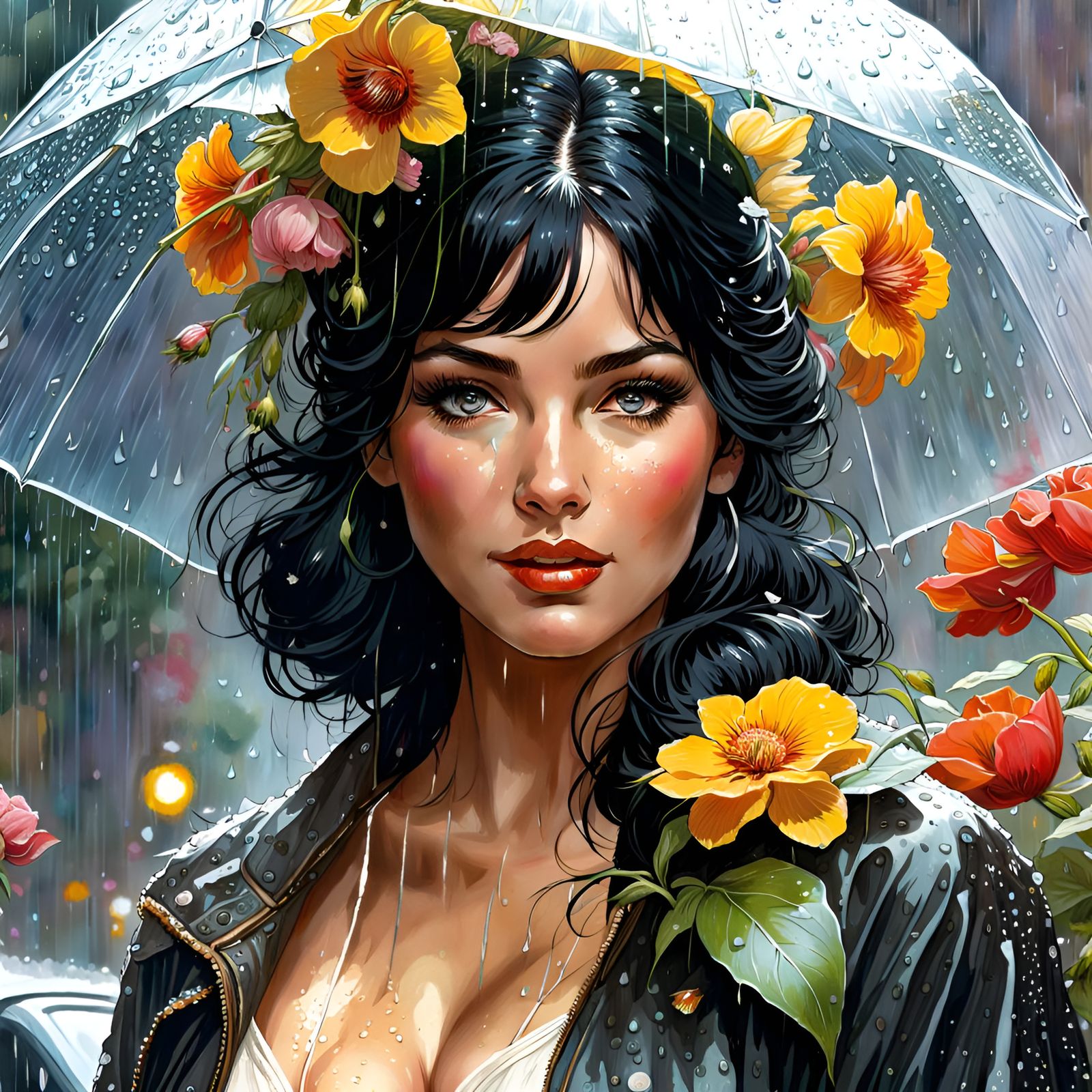 Happy Woman in Floral Rain, Hyperrealistic Detail