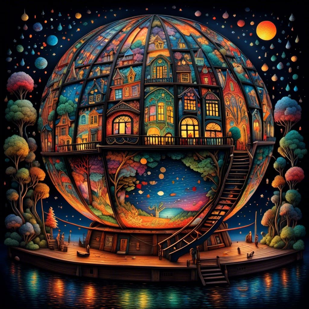 Colorful Paper Globe on Pier: Folk Art Digital Painting