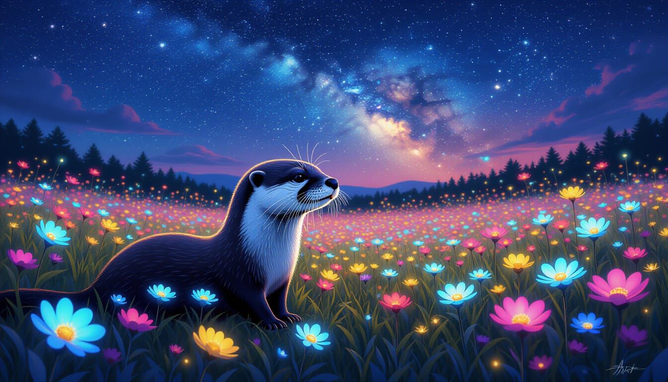 Otter in Bioluminescent Wildflower Field at Night
