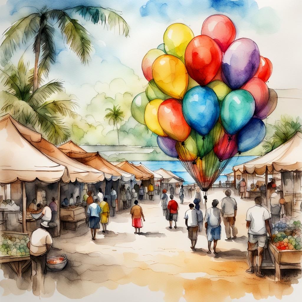Caribbean Beach Market in Watercolor Sketch Style
