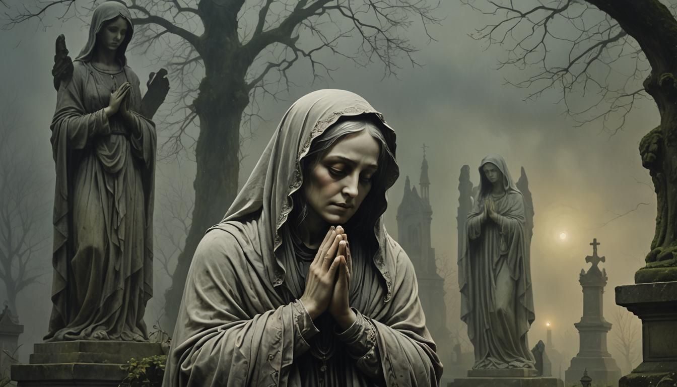 Veiled Woman Praying in Misty Gothic Cemetery