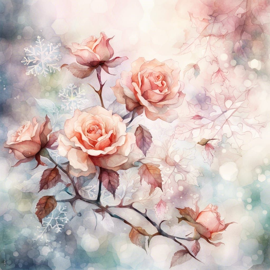 Fantasy Watercolor: Roses, Snowflakes, and Blossoms