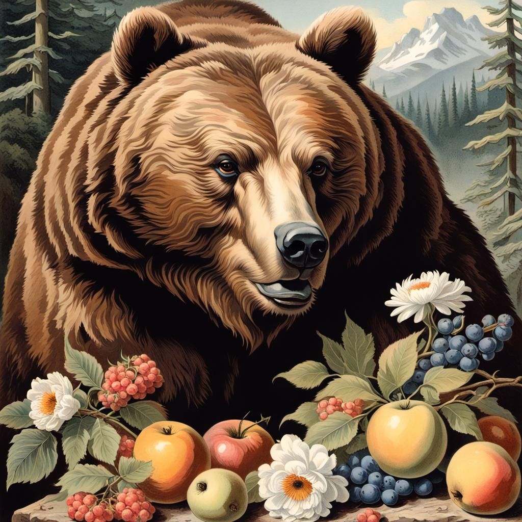 Rampaging Grizzly Bear with Vase in Lithograph Style
